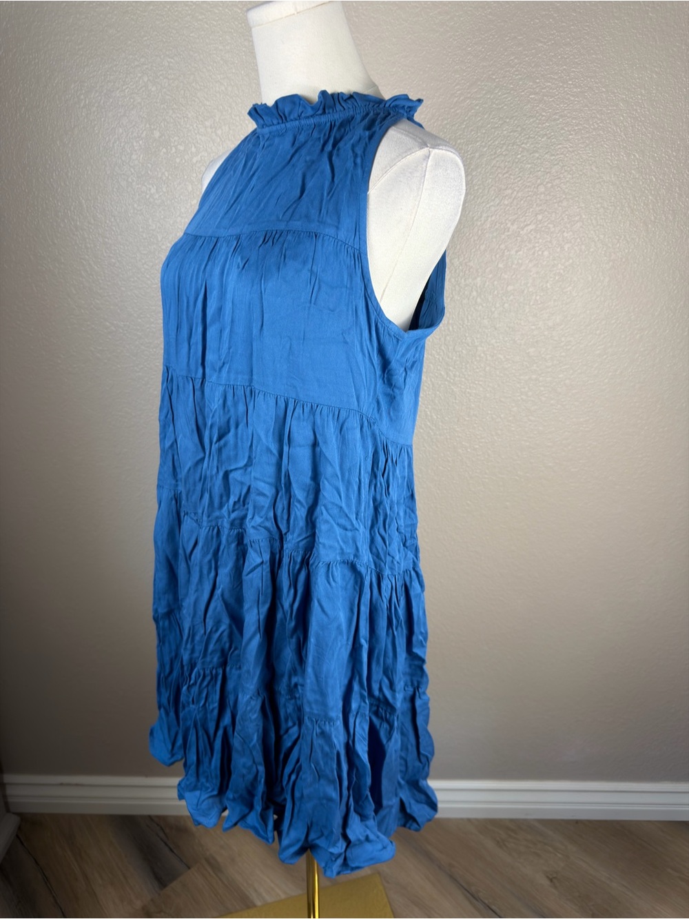 NWT Ruffled High-Neck Tiered Mini Dress in Blue Boho, Medium - Picture 4 of 7